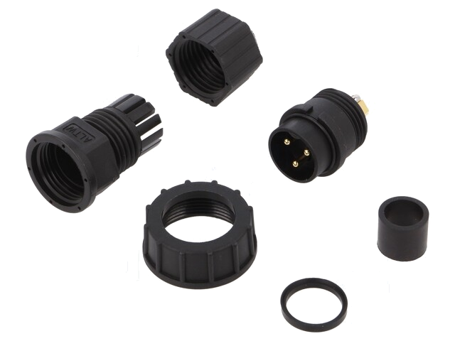 Connector: rond; stekker; maat D; mannelijk; PIN: 3; verguld; 20A Connector: rond; stekker; maat D; mannelijk; PIN: 3; verguld; 20A